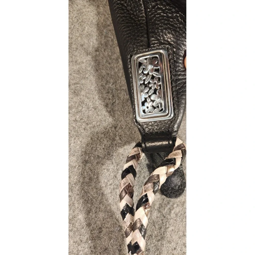 Brighton Hobo Bag Womens Black Leather Braided Strap Shoulder Floral‎ Lining